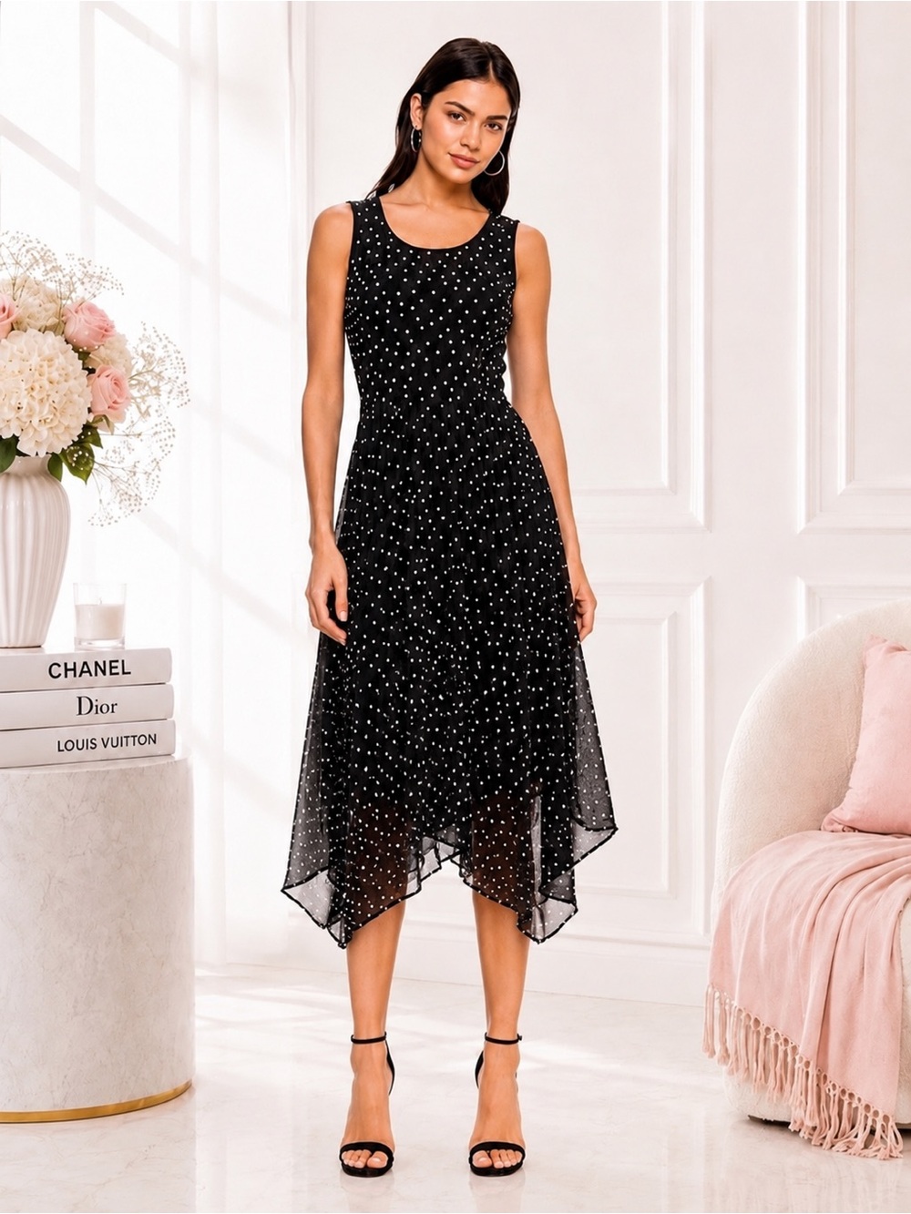 ELLE Maxi Dress Polka Dot Asymmetrical Sleeveless Chiffon Black & White NWT M